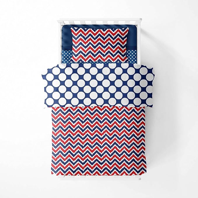Bacati - Mix N Match 4 Pc Boys Toddler Bedding Set 100 Percent Cotton Includes Reversible Comforter, Fitted Sheet, Top Sheet, and Pillow Case for Boys (Navy/Red)