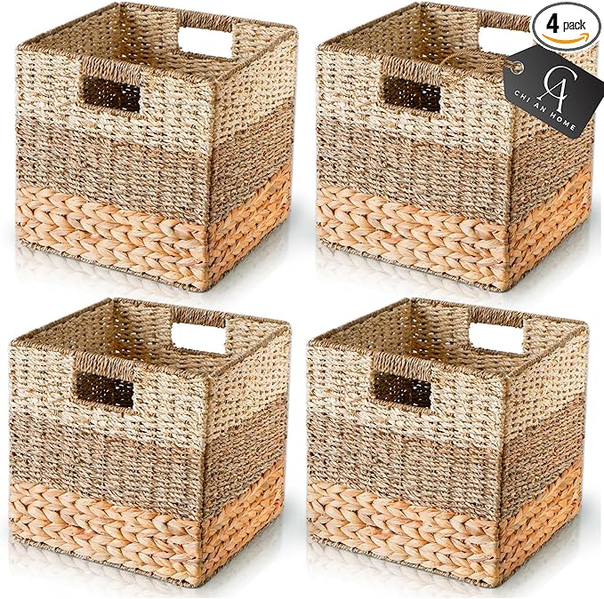 CHI AN HOME 12x12 Storage Cube Bins Wicker Storage Basket for Cube Shelf, Natural Foldable Square Baskets for Storage, Large Woven Cube Storage Bin with Handle, Baskets for Pantry, Bedroom Set of 4