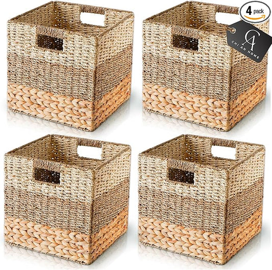 CHI AN HOME 12x12 Storage Cube Bins Wicker Storage Basket for Cube Shelf, Natural Foldable Square Baskets for Storage, Large Woven Cube Storage Bin with Handle, Baskets for Pantry, Bedroom Set of 4
