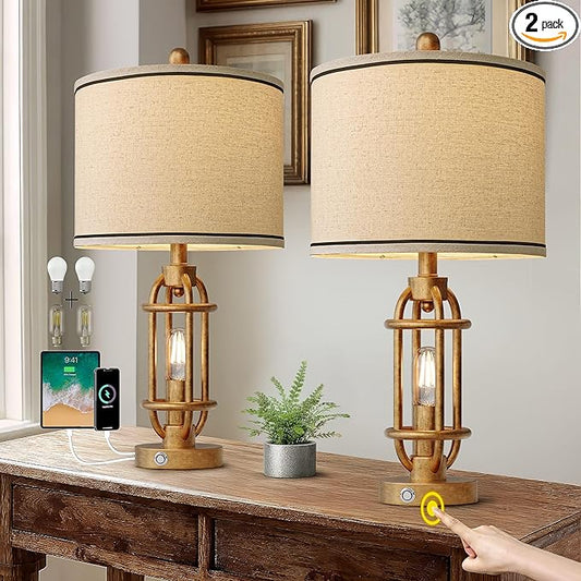 G-SAFAVA 23.75'' Table Lamps Set of 2 for Living Room Bedroom Industrial Farmhouse Metal Touch Lamps with USB A+C Ports, Night Light Vintage Nightstand Bedside Lamp, Bulbs Included, Antique Gold