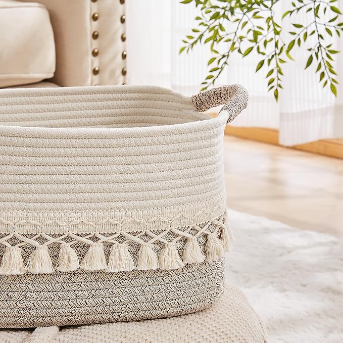BUBUSUN Storage Bins Woven Baskets for Storage Set of 3, Cotton Rope Basket with Handles for Toys/Shelves/Laundry, Rectangle Multi-Purpose Organizer for Living Room, Bedroom, Nursery (White/Beige)