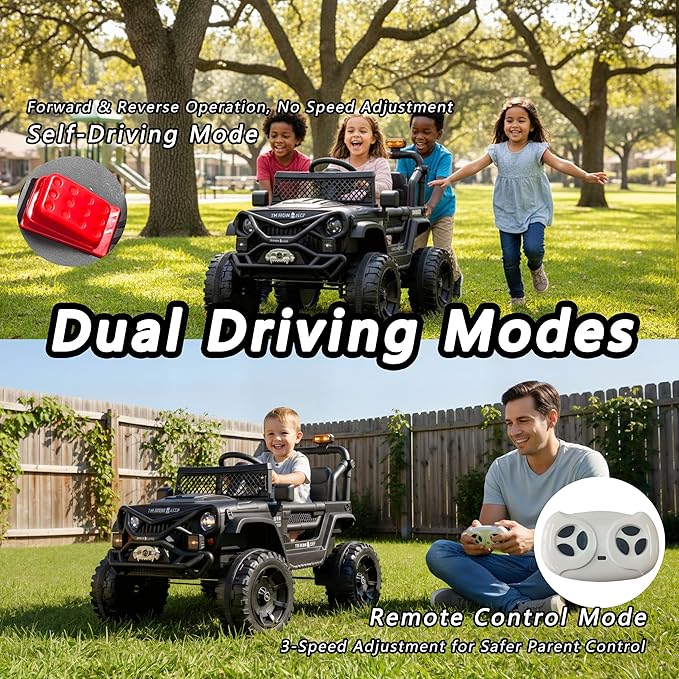 12V Kids Ride On Jeep-Style Car with Remote Control, Bluetooth Music & Stories, LED Headlights, Shock Absorption, Double Doors with Lock, Safe Speed, Battery Powered Electric Vehicle for Boys & Girls
