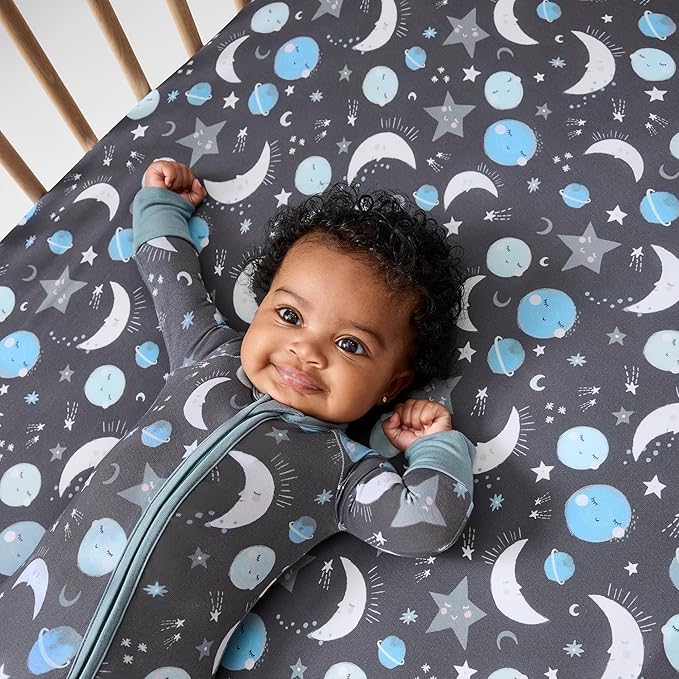Little Sleepies Baby Crib Sheets, Buttery Soft Viscose From Bamboo Crib Sheets for Boys & Girls, Toddler Bed Sheet, Standard Crib Mattress Sheet, Super Stretchy & Elasticized (Blue To the Moon & Back)