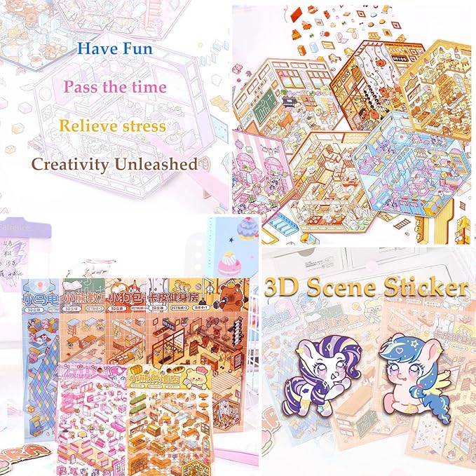 DIY 3D Sticker for Kids, 6 Sets of Cute Stickers for Girls Adult Isometric Sticker Scene Kids Reuseable and Waterproof Stickers, Holiday & Christmas Fun