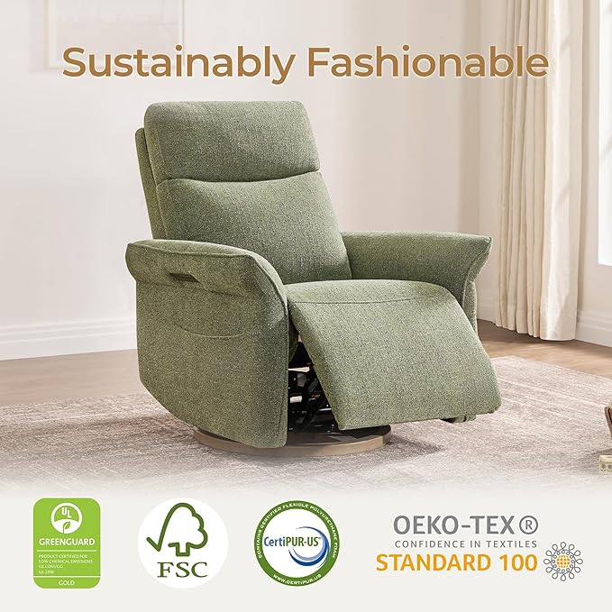 CHITA Power Recliner Chair, Electric Triple-Motor Swivel Glider Nursery Rocking Chair with Adjustable Power Headrest and Lumbar Support, Solid Wood Base, Forest Green