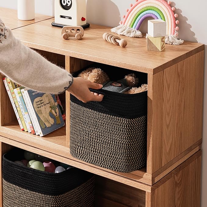 joybest 13x13x13inch Cube Storage Bins Set of 4, Cotton Rope Woven Organizer Basket for Shelves, Cube Bin Square Shelves Organizer Closet Storage, Nursery, Toy Organization, Black&Dark Brown