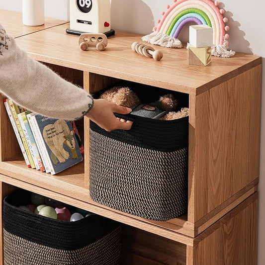 joybest 13x13x13inch Cube Storage Bins Set of 4, Cotton Rope Woven Organizer Basket for Shelves, Cube Bin Square Shelves Organizer Closet Storage, Nursery, Toy Organization, Black&Dark Brown