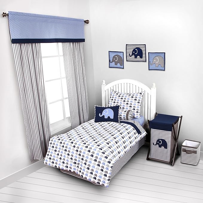 Bacati - Elephants Blue/Grey 4 Pc Toddler Bedding Set 100 Percent Cotton Includes Reversible Comforter, Fitted Sheet, Top Sheet, and Pillow Case for Boys