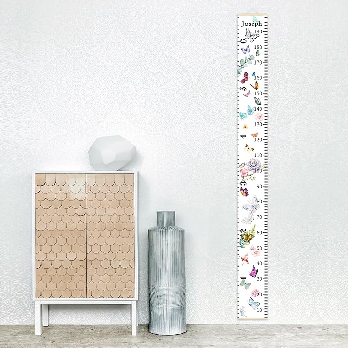 Personalized Growth Chart for Kids, Baby Height Chart with Custom Name, 77"x7.9" Canvas & Beige Wood Height Measuring Rulers for Boys Girls Removable Wall Ruler Hanging for Nursery Decor - Butterfly