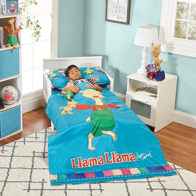 EVERYDAY KIDS Llama Llama 4 Pc Toddler Bedding Set with Comforter, Flat Sheet, Fitted Sheet and Pillowcase Bright Blue Toddler Bed Set Features Llama Llama and Friends