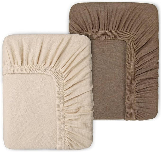 2 Pack Muslin Fitted Crib Sheets for Baby Girls & Boys-Neutral Breathable Crib Mattress Protector for Standard Crib Mattress(28"x 52")-Soft No Slip Cotton Bedding-Taupe Brown & Light Beige