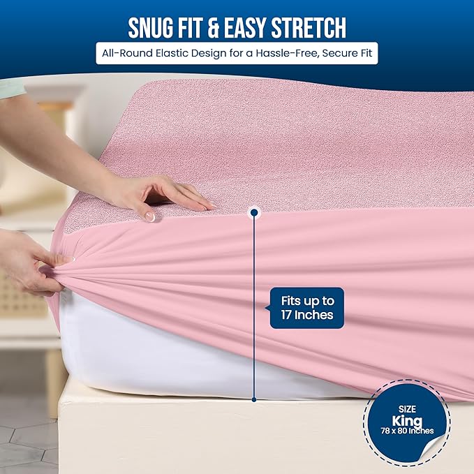 Utopia Bedding Waterproof Mattress Protector King Size, Premium 200 GSM Terry Mattress Cover, Soft & Breathable Bed Cover, Fitted Sheet Style with Stretchable Deep Pockets 17" (Pink)