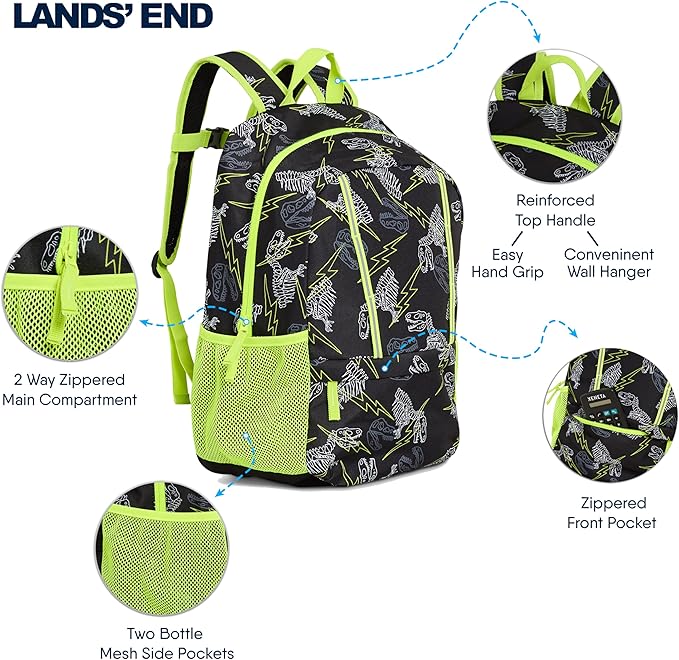Lands' End Unisex Kids Medium ClassMate Lightweight Durable Elementary School Backpack, Black Highlight