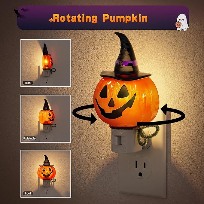 JandCase Pumpkin Night Light, 2 Pack 3000K Night Lights Plug into Wall,Cute & Funny Halloween Night Light for Kids,Plug in Pumpkin Nightlight with 360° Rotatable for Halloween Party Decor