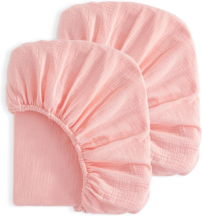 NTBAY 2 Pack Muslin Cotton Crib Sheets, Soft and Breathable Double Layer 28x52 Baby Crib Sheets for Standard Crib and Toddler Mattresses, Boys, Girls, Unisex, Coral Pink, 28x52 Inches