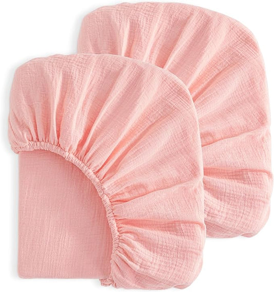 NTBAY 2 Pack Muslin Cotton Mini Crib Sheets, Soft and Breathable Double Layer 24x38 Baby Crib Sheets for Mini Crib and Toddler Mattresses, Boys, Girls, Unisex, Coral Pink, 24x38 Inches