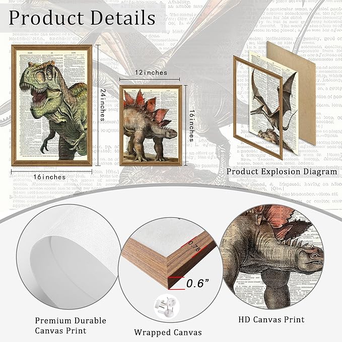 Ovczax 3 Pieces Dinosaur Wall Art - Dinosaur Room Decor, Tyrannosaurus Rex, Pterodactyl, Stegosaurus Canvas Wall Art Poster 16" x 12" With Framed