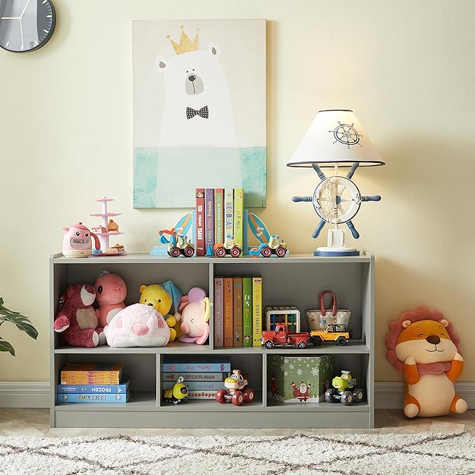 Onirw Kids Toy Storage Organizer, 5-Section Storage Cabinet for Organizing Books Toys, Wooden Bookshelf Daycare Furniture for School, Classroom Playroom, Nursery, Kindergarten (Gray)