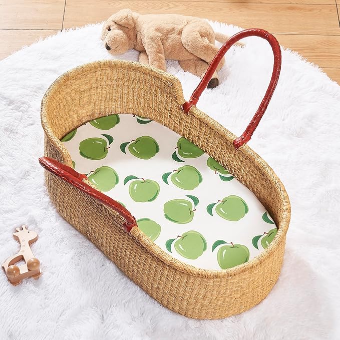 TILLYOU Baby Bassinet Sheets for Girls Boys, Fit for Hourglass Oval Rectangle Bassinet Mattress Sheets, 33”X16”, 2 Pack Green Apple & Fruit Green
