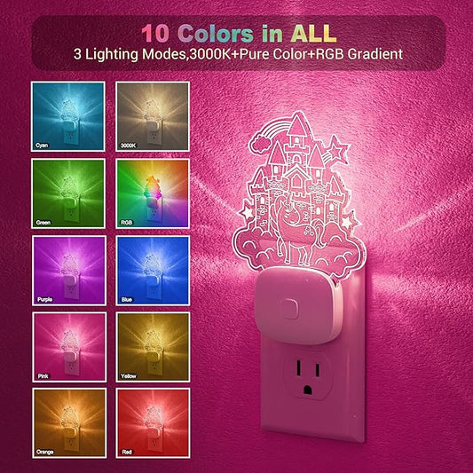 JandCase 2 Pack Plug in Night Light, 10 Color Changing Castle Night Light with Dusk to Dawn Sensor, Acrylic RGB Nightlight for Kids Girls Bedroom, Gifts for Girls