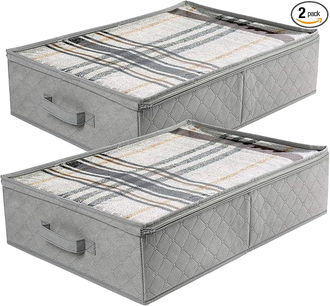 LotFancy Foldable Under Bed Storage Bags, Closet Organizers and storage bins, Clothes Blankets Organizer, with Clear Window and Reinforced Handles, 24” x 16” x 6", Gray, Pack of 2