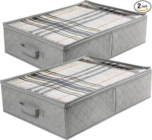 LotFancy Foldable Under Bed Storage Bags, Closet Organizers and storage bins, Clothes Blankets Organizer, with Clear Window and Reinforced Handles, 24” x 16” x 6", Gray, Pack of 2