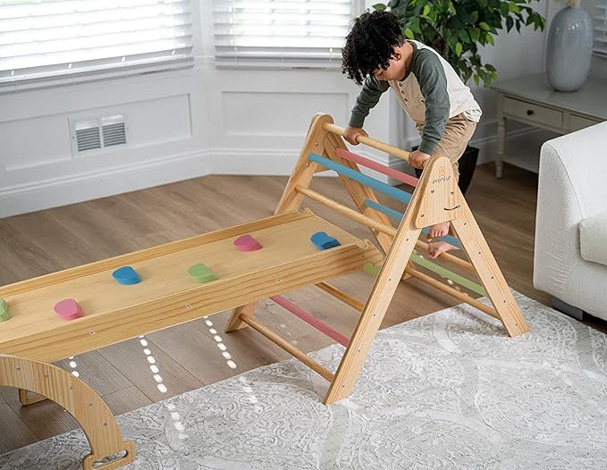 Avenlur Hazel 5-in-1 Indoor Climbing Gym - Waldorf and Montessori Climbing Set with Triangle Ladder, Climbing Ramp, Arch Climber, Rocker, and Slide - Montessori Toys for Children 18mo to 7yr (Colored)