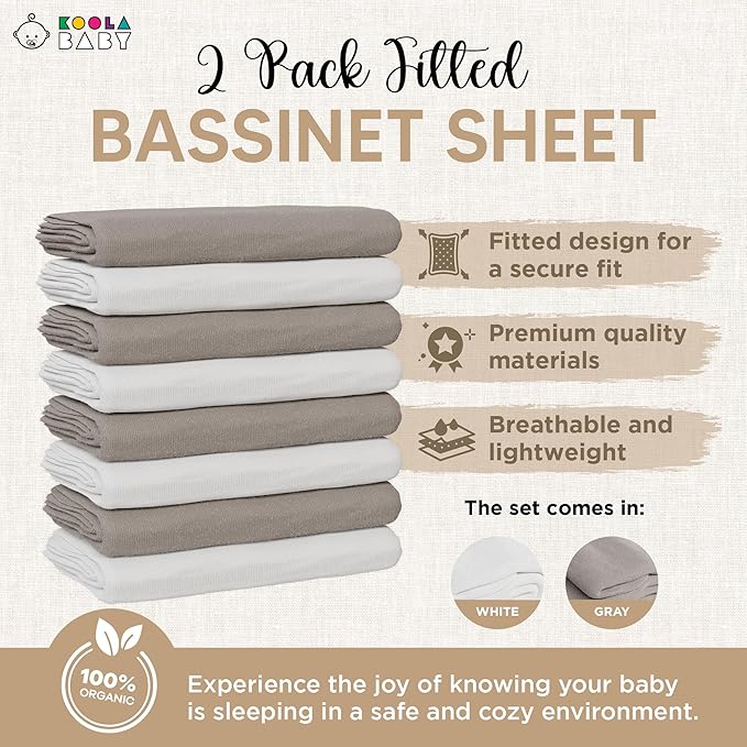 Bassinet Sheet for Bassinet Mattress - 100% Organic Jersey Knit Cotton - Snuggly Soft & Cozy Sheets Fitted for Oval Rectangle & KoolaBaby Bedside Sleeper - White & Grey 2 Pack