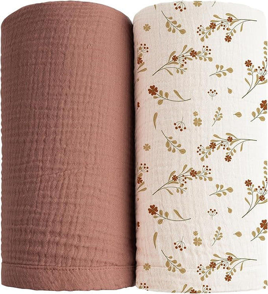 Konssy Muslin Swaddle Blankets for Boys Girls, 2 Pack Receiving Baby Blanket Large 47 x 47 inches, Soft Breathable Swaddling Wrap for Unisex Newborn (Chestnut, Posy)
