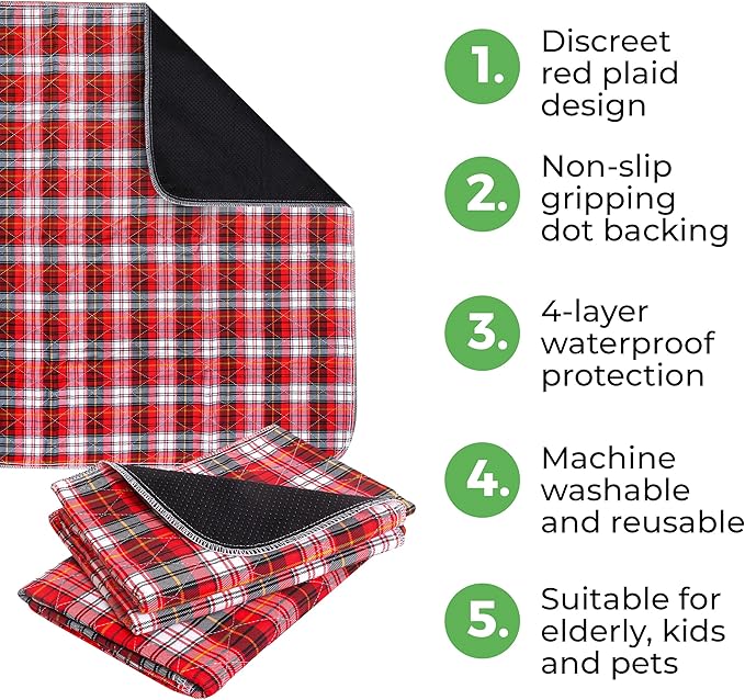 Bed Pads Washable Waterproof, Incontinence Bed Pads for Women and Men, Reusable Mattress Protector Underpads, Non-Slip, 36" x 34", Red Plaid, 2 Pack