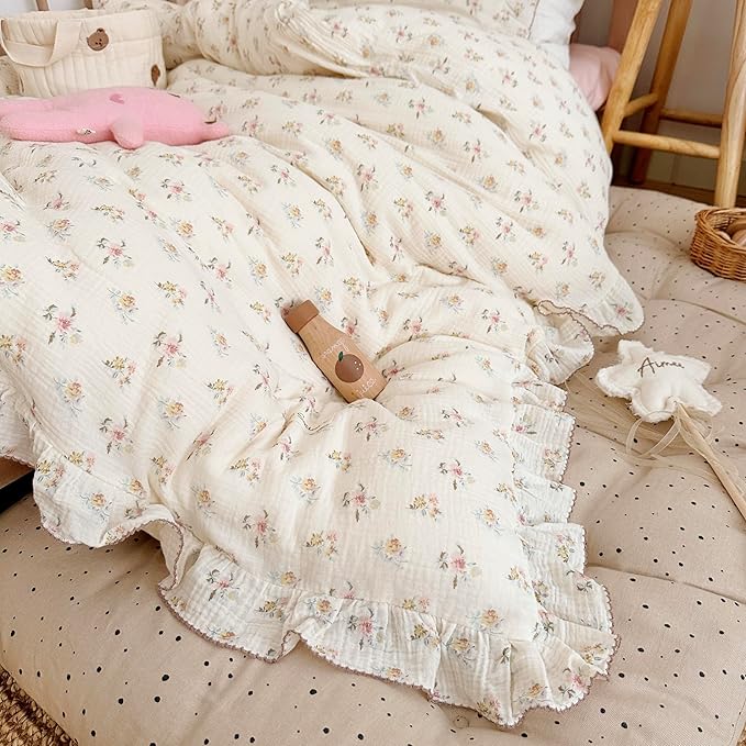 BuLuTu Muslin Cotton Toddler Duvet Cover Soft Double Layers Gauze Bedding Duvet Covers for Toddler Girls Kids Quilt Cover, 47"x59", Azalea Print (No Pillow Cases)