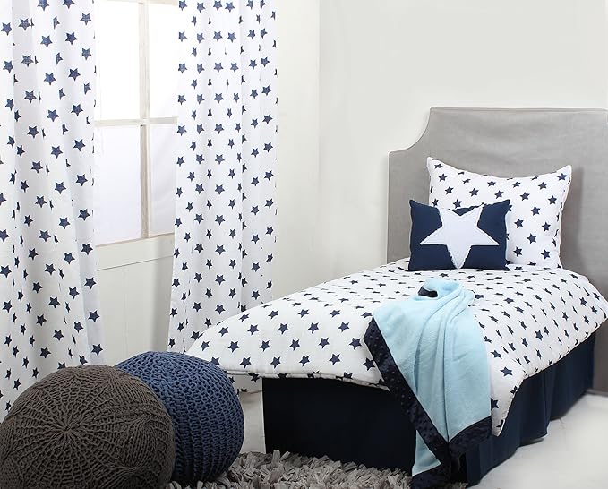 Bacati - Muslin Ikat Stars 4 Piece Boys Toddler Bedding Set 100 Percent Cotton Includes Reversible Comforter, Fitted Sheet, Top Sheet, and Pillow Case (4 pc Toddler Bedding Set, Navy Stars)