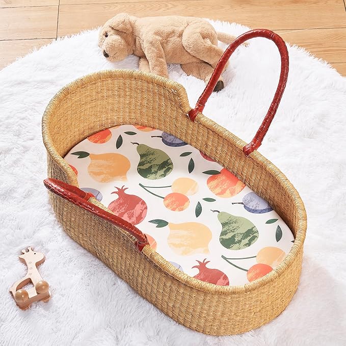 TILLYOU Baby Bassinet Sheets for Girls Boys, Fit for Hourglass Oval Rectangle Bassinet Mattress Sheets, 33”X16”, 2 Pack Fruit Shadow & orangish
