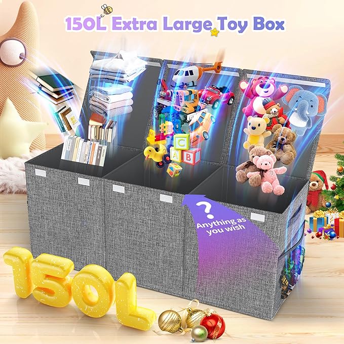 Mabahoo Extra Large Toy Box Chest with Lids, Collapsible Sturdy Kids Toy Storage Organizer Boxes for Boys Girls, 40"x14"x16", Toybox Storage Bins Basket for Living Room, Bedroom, Nursery, Gray
