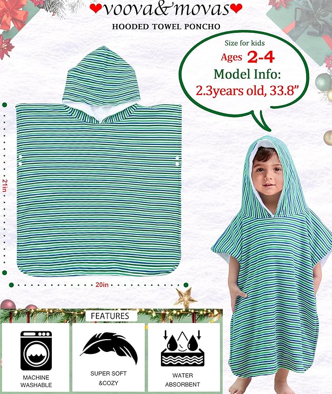 VOOVA & MOVAS Double-Layered Baby Hooded Towel Poncho (2-4 Years, 20x21 Inches) | Ultra Soft & Absorbent Cotton | Thick Toddler Bath Towel for Swimming, Beach, Shower & Winter, Green Stripe