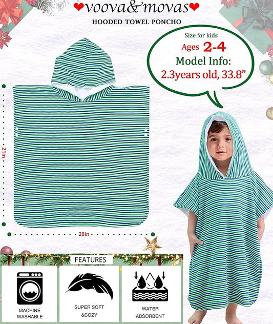 VOOVA & MOVAS Double-Layered Baby Hooded Towel Poncho (2-4 Years, 20x21 Inches) | Ultra Soft & Absorbent Cotton | Thick Toddler Bath Towel for Swimming, Beach, Shower & Winter, Green Stripe