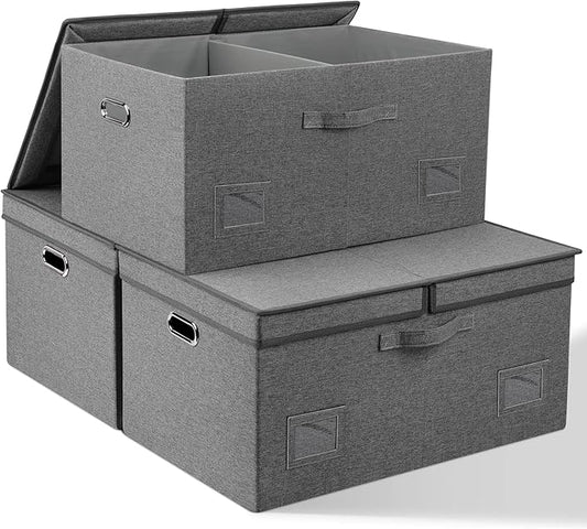 Graciadeco 75 Quarts Extra Large Decorative Storage Bins with Lids, 3 Packs Gray Collapsible Storage Bins with Lids, Stackable Storage Bins Decorative Box Storage With Lid Extra Large