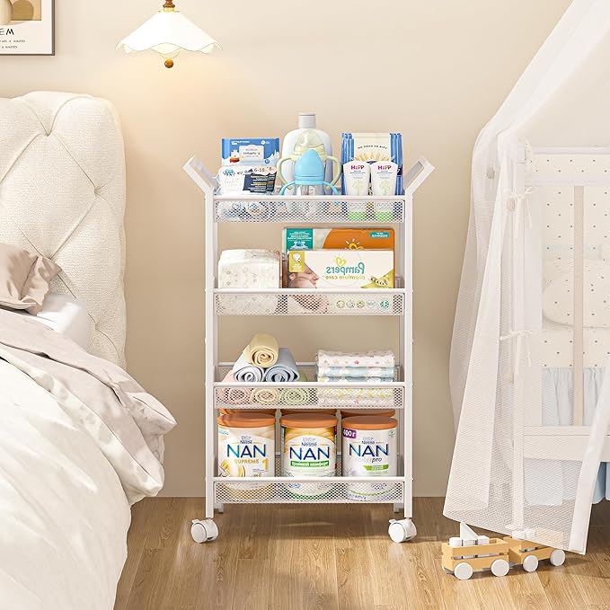 3IngSeagulls 4-Tier Baby Diaper Cart, Diaper Caddy Organizer, Rolling Utility Cart for Baby Supplies, Diaper Caddy Cart with Wheels for Bedroom, Nursery, Changing Table, White