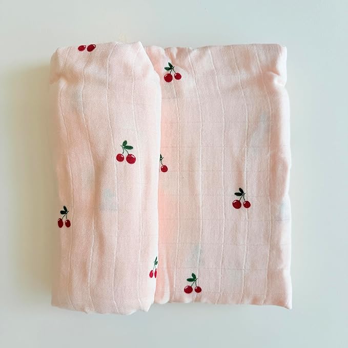 Ali+Oli Muslin Swaddle Blanket for Baby (Cherry) Large 47" x 47" Soft Rayon Made from Bamboo & Organic Cotton, Machine Washable Receiving Blanket Wrap for Newborn to Toddler