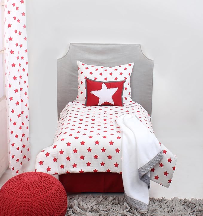 Bacati - Muslin Ikat Stars 4 Piece Boys Toddler Bedding Set 100 Percent Cotton Includes Reversible Comforter, Fitted Sheet, Top Sheet, and Pillow Case (4 pc Toddler Bedding Set, Red Stars)