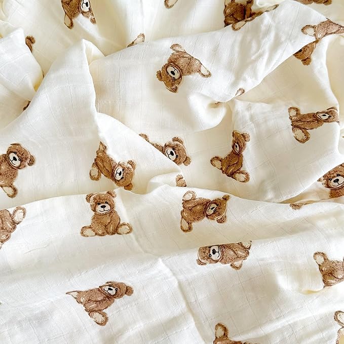 Ali+Oli Muslin Swaddle Blanket for Baby (Teddy Bear) Large 47" x 47" Soft Rayon Made from Bamboo & Organic Cotton, Machine Washable Receiving Blanket Wrap for Newborn to Toddler