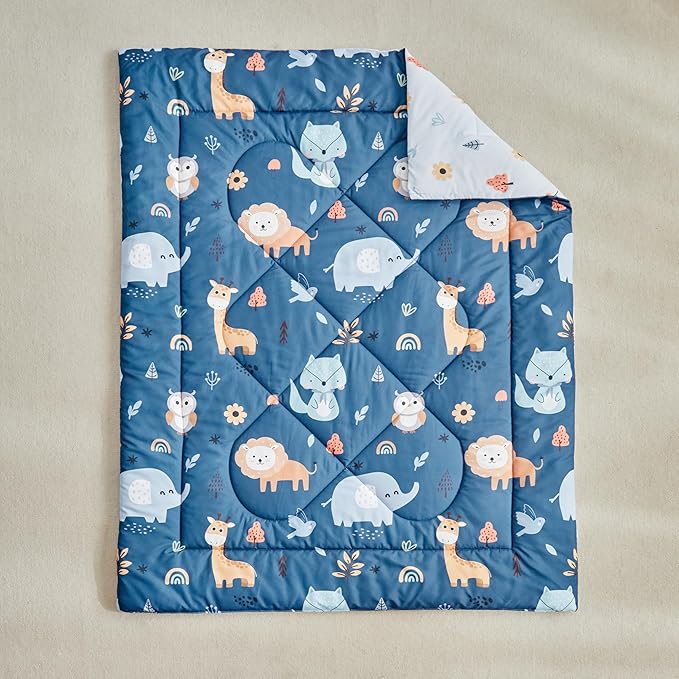 DuShow 4 Pieces Toddler Bedding Set for Boys,Navy Blue Animals Pattern Crib Comforter Set,Soft Toddler Bed Sheets Set Includes Flat Sheet,Fitted Sheet,Quilted Comforter,Pillowcase