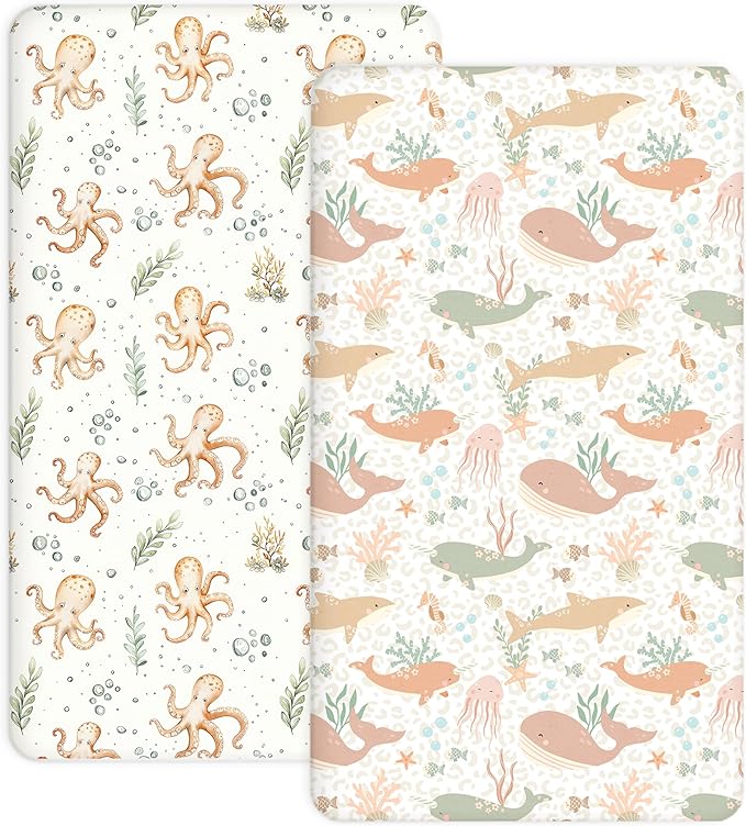 Crib Sheets for Boys and Girls, 2 Pack Fitted Baby Sheets for Standard Toddler Mattress 28" x 52", Soft Breathable Jersey Knit Baby Bedding (Aqua Wonders)