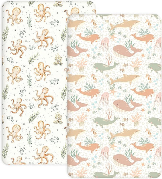 Crib Sheets for Boys and Girls, 2 Pack Fitted Baby Sheets for Standard Toddler Mattress 28" x 52", Soft Breathable Jersey Knit Baby Bedding (Aqua Wonders)