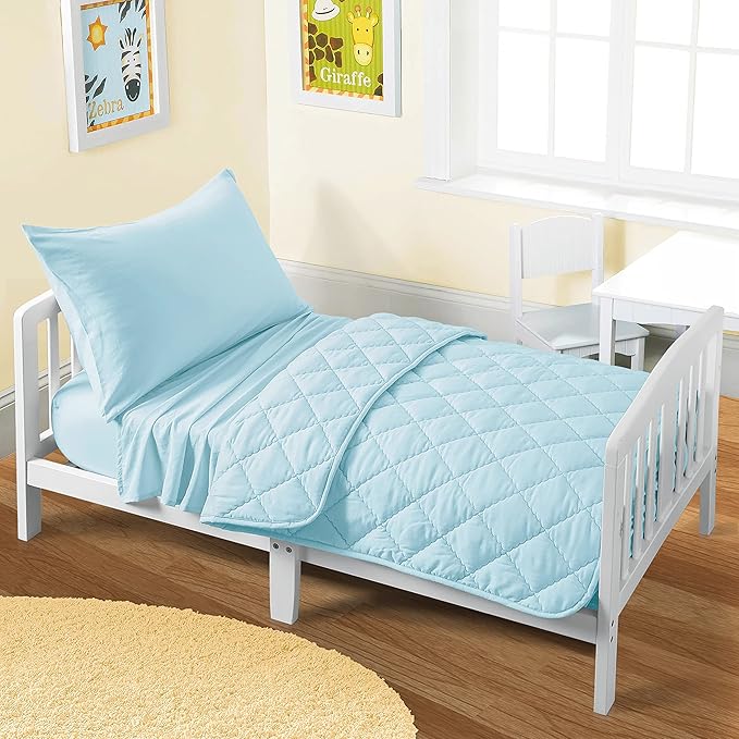 FLXXIE 4 Pieces Toddler Bedding Set, Soft and Breathable Microfiber Crib Sheet Set, Includes Quilted Comforter, Flat Top Sheet, Fitted Sheet, Envelope Pillow Case for Boys and Girls, Aqua