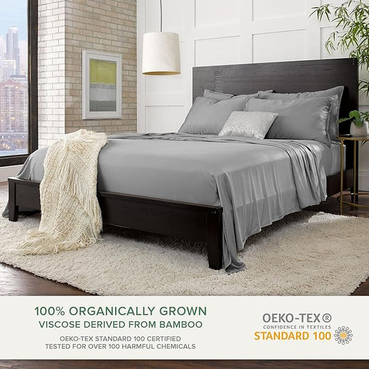 Pure Bamboo King Sheets, Genuine 100% Organic Viscose Derived from Bamboo Bed Sheet Set, Luxuriously Soft & Cooling, Double Stitching, 2 Year Quality Promise (King, Stone Grey)