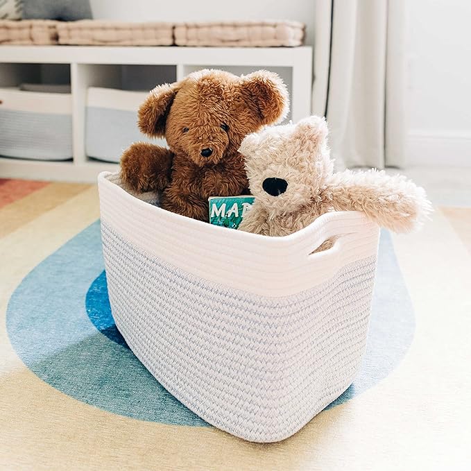 OrganiHaus Set of 3 Woven Storage Baskets for Shelves, Decorative Organizer Bins for Closet & Bathroom, Multipurpose Home Organization Baskets, Toy Storage Basket - Blue/Off-White, 15x9x10 inches