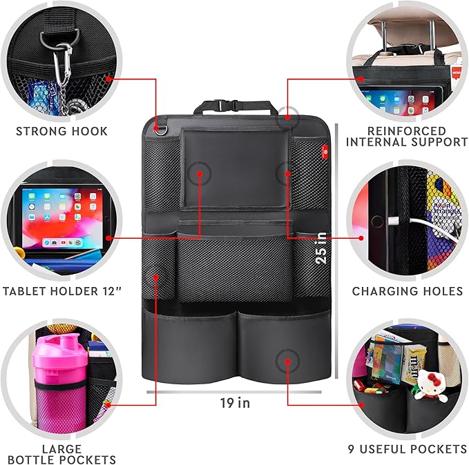 Helteko Backseat Car Organizer, Kick Mats Back Seat Protector with Touch Screen Tablet Holder, Back Seat Organizer for Kids with 9 Storage Pockets, Travel Accessories (2 Pack, Deep Pink)