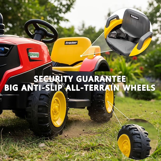 12V Kids Ride On Tractor with Parental Remote, Battery Powered Electric Farm Vehicle with Forward/Reverse, Lights, Music, Bluetooth, Dual Motors, Safe Speed, Outdoor Toy Car for Kids Ages 2-6