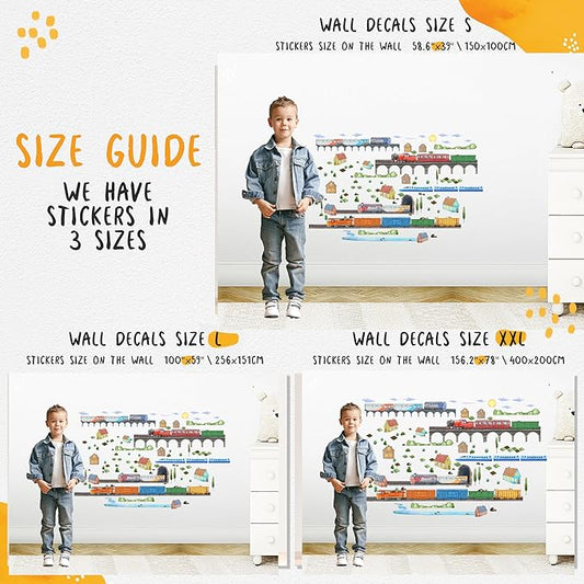 Train Wall Decals for Kids by Lipastick - Educational Railroad Wall Stickers for Boys and Girls - Peel and Stick Locomotive, Carriage, Wagon Wall Decals for Nursery, Playroom, Bedroom Decor -L Size